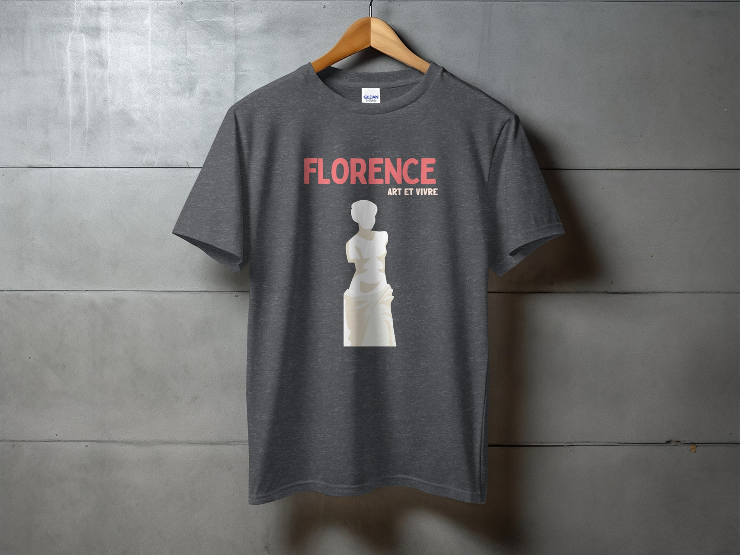 Dark grey t-shirt with Florence Art et Vivre logo and statue graphic.