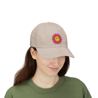 Smiley Daisy Dad Cap Embroidered Pink Flower Hat