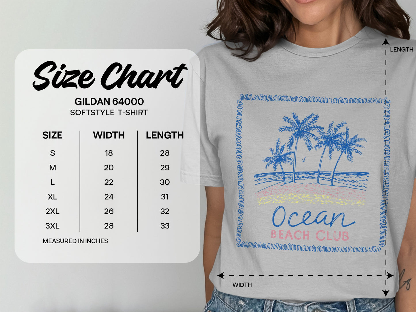Gildan 64000 t-shirt size chart with ocean beach club graphic.