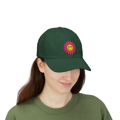 Smiley Daisy Dad Cap Embroidered Pink Flower Hat