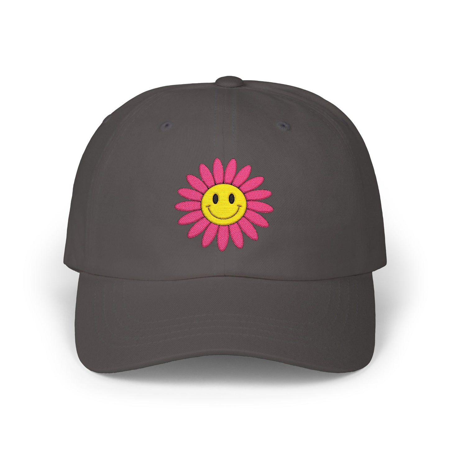 Smiley Daisy Dad Cap Embroidered Pink Flower Hat