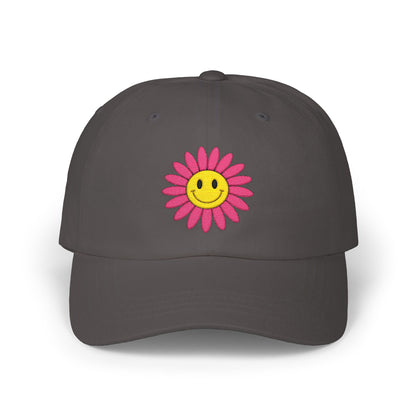 Smiley Daisy Dad Cap Embroidered Pink Flower Hat
