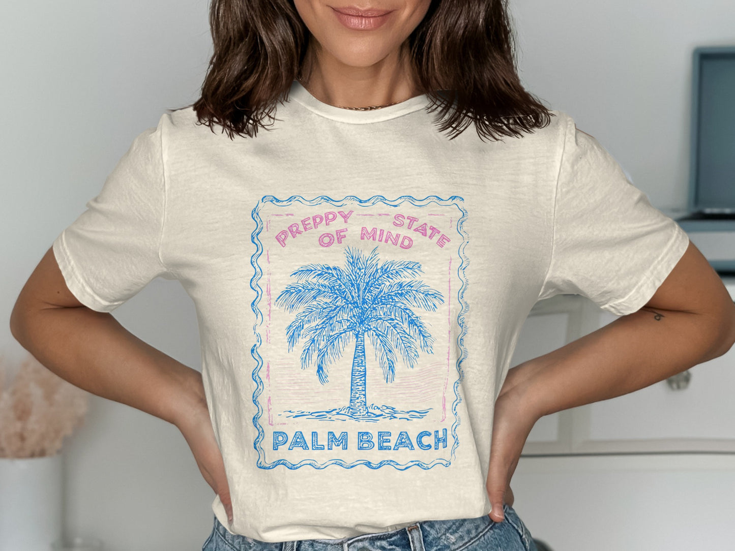 Cream t-shirt with "Preppy State of Mind Palm Beach" and palm tree graphic.