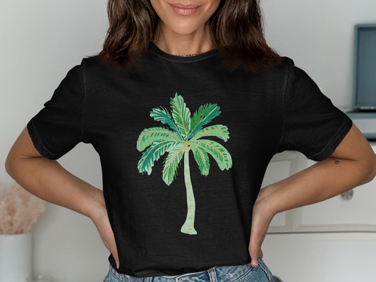 Black t-shirt with a green and yellow palm tree graphic.