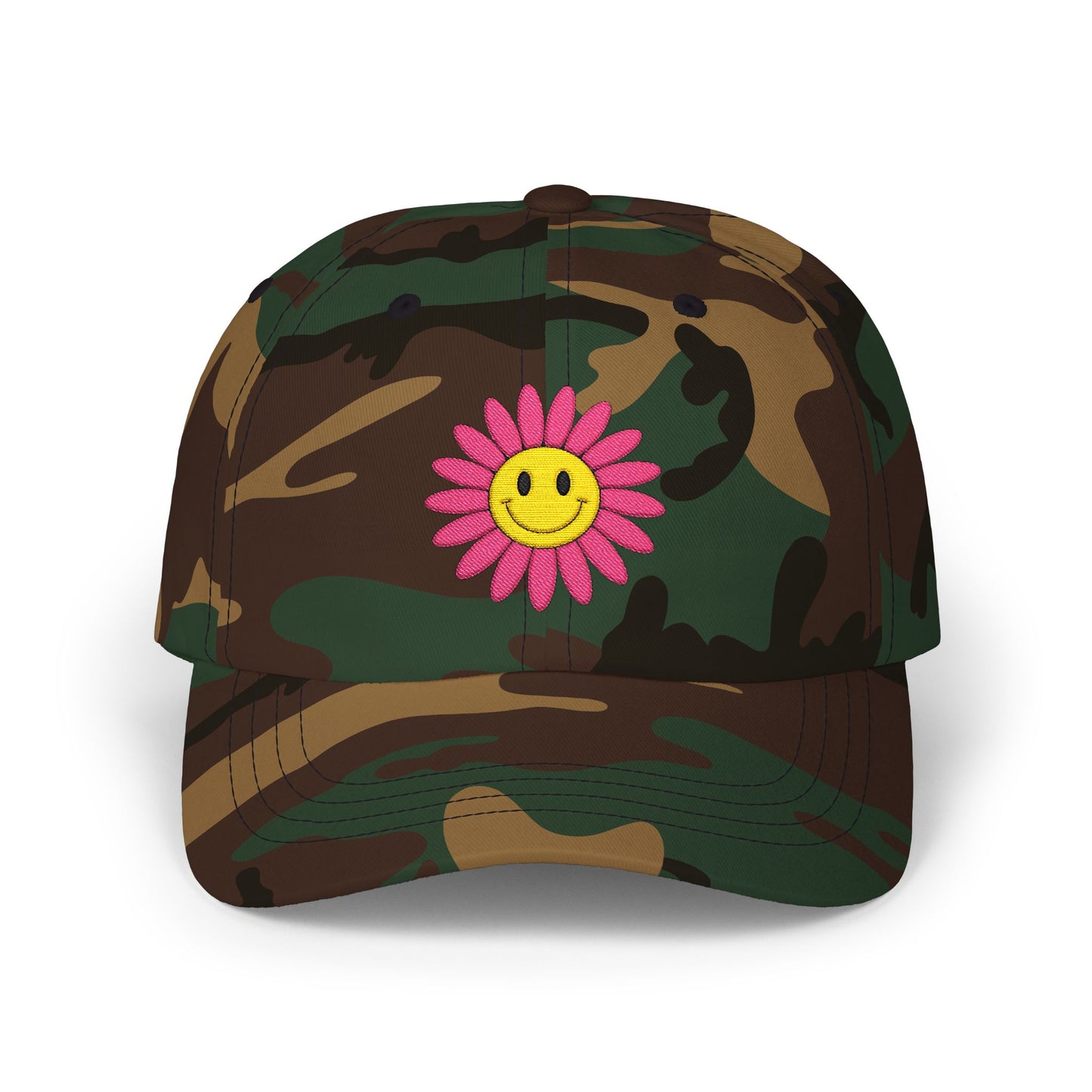 Smiley Daisy Dad Cap Embroidered Pink Flower Hat