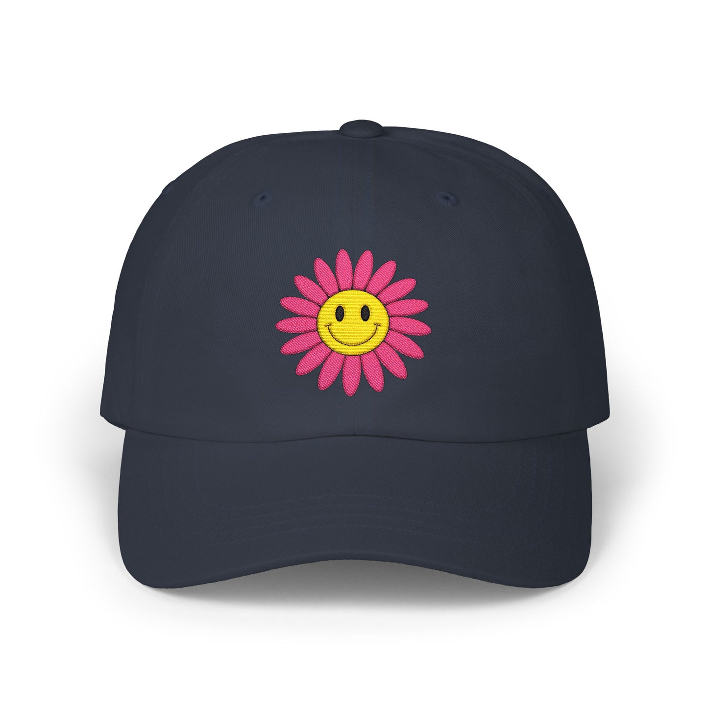 Smiley Daisy Dad Cap Embroidered Pink Flower Hat