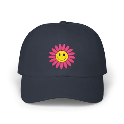 Smiley Daisy Dad Cap Embroidered Pink Flower Hat