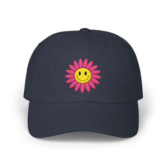 Smiley Daisy Dad Cap Embroidered Pink Flower Hat