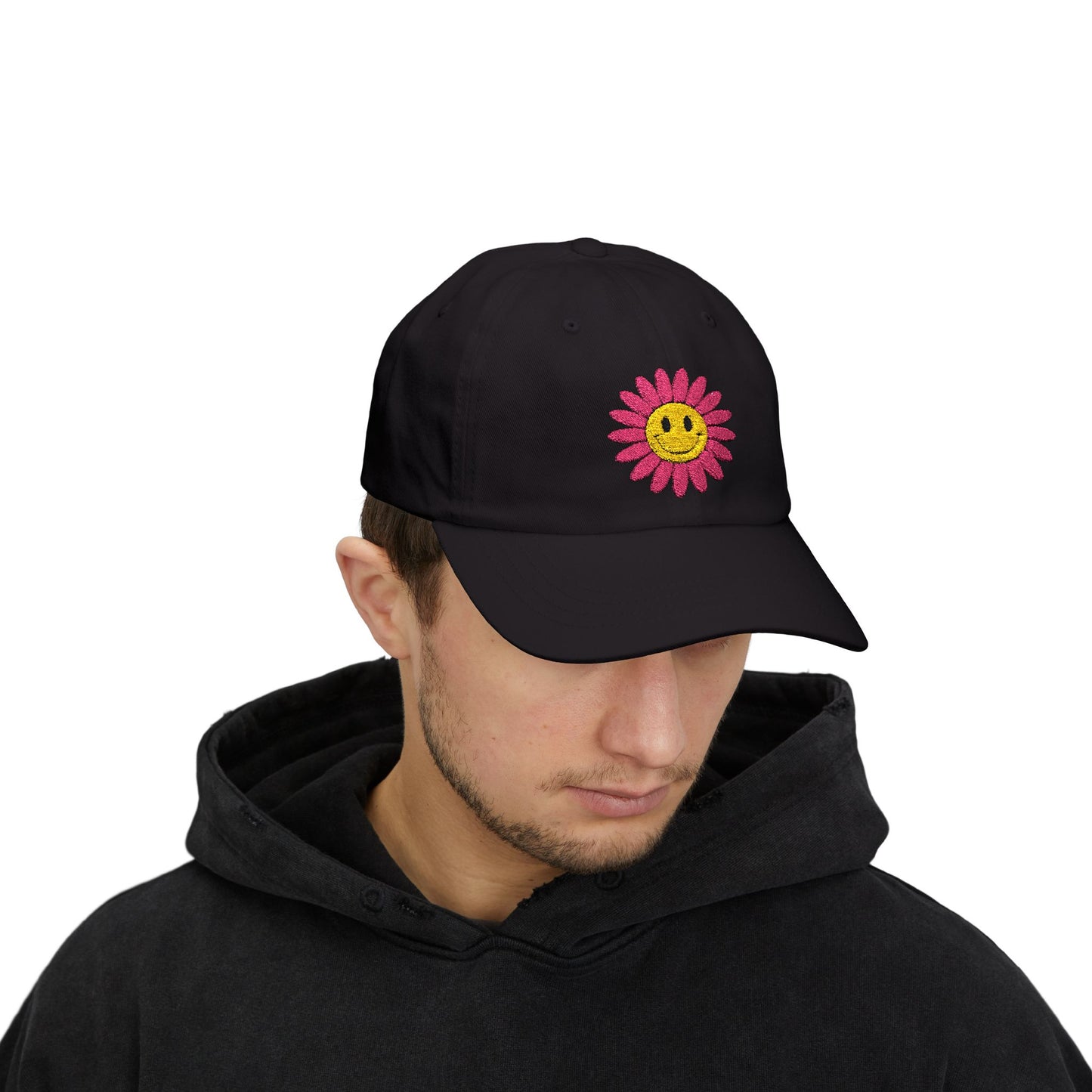 Smiley Daisy Dad Cap Embroidered Pink Flower Hat