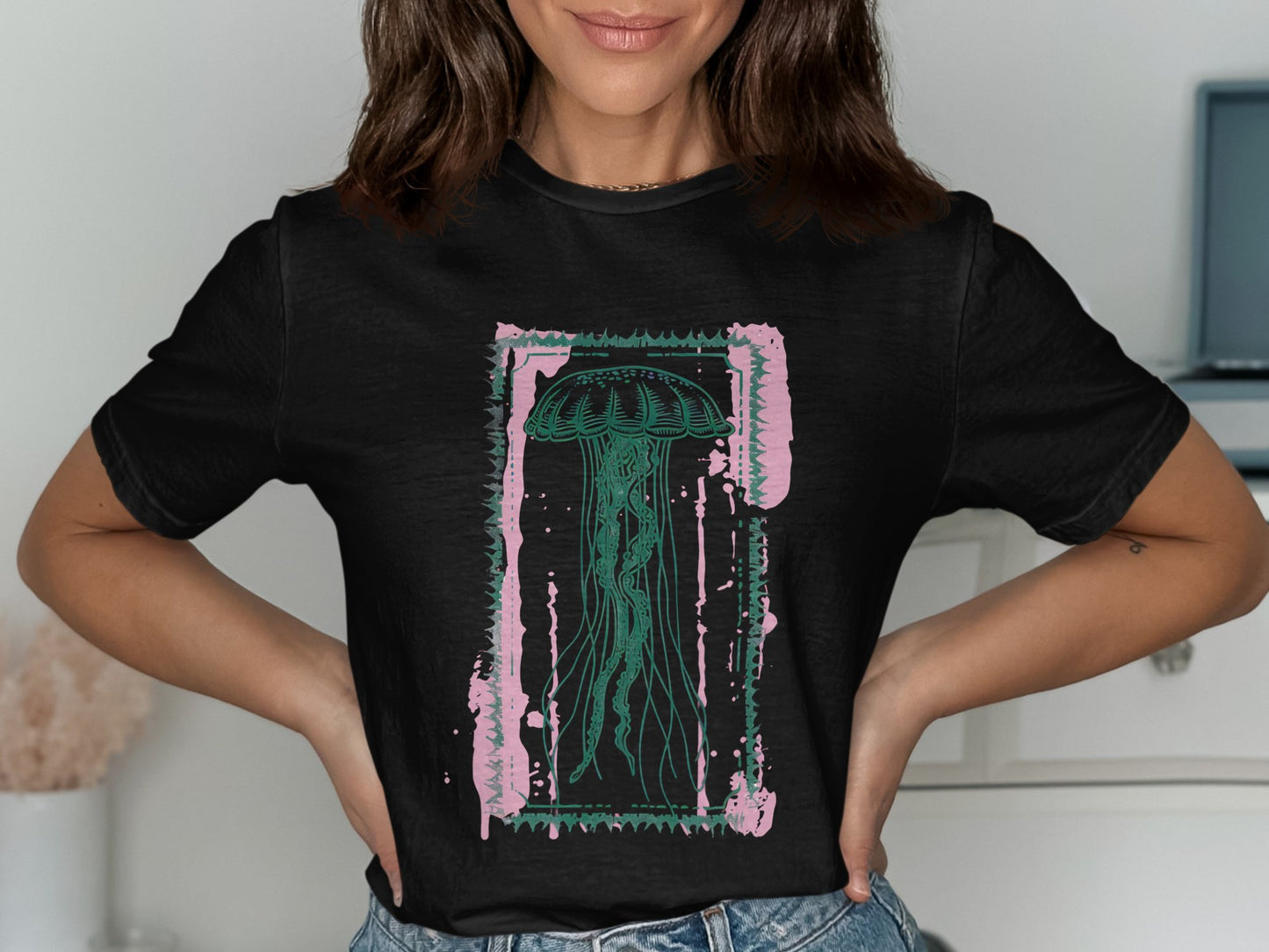 Stylish Black Tee with Artistic Jellyfish Print product type