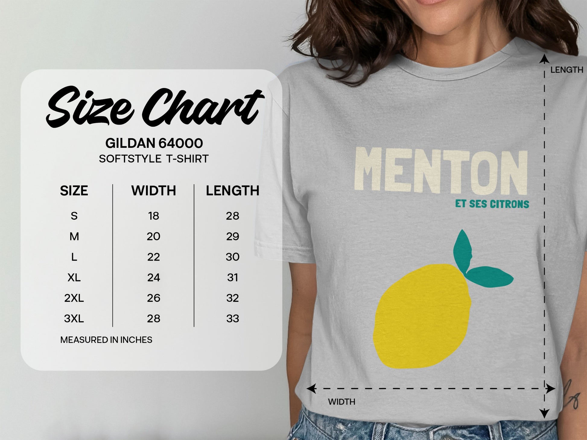 Gildan 64000 Softstyle t-shirt size chart with measurements for width and length.