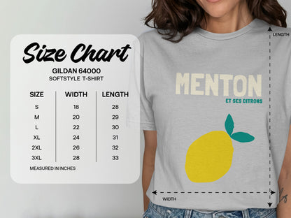 Gildan 64000 Softstyle t-shirt size chart with measurements for width and length.