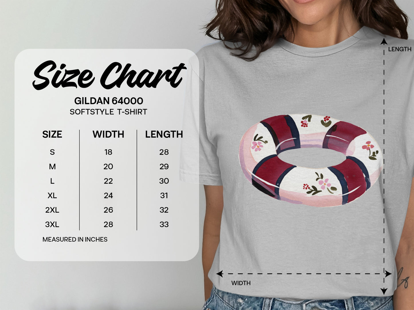 Gildan 64000 softstyle t-shirt size chart with measurements in inches.