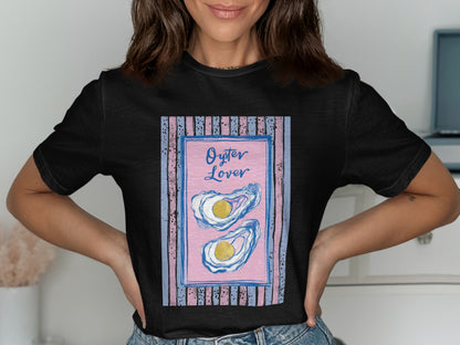 Black t-shirt featuring a framed illustration of two oysters with text "Oyster Lover".