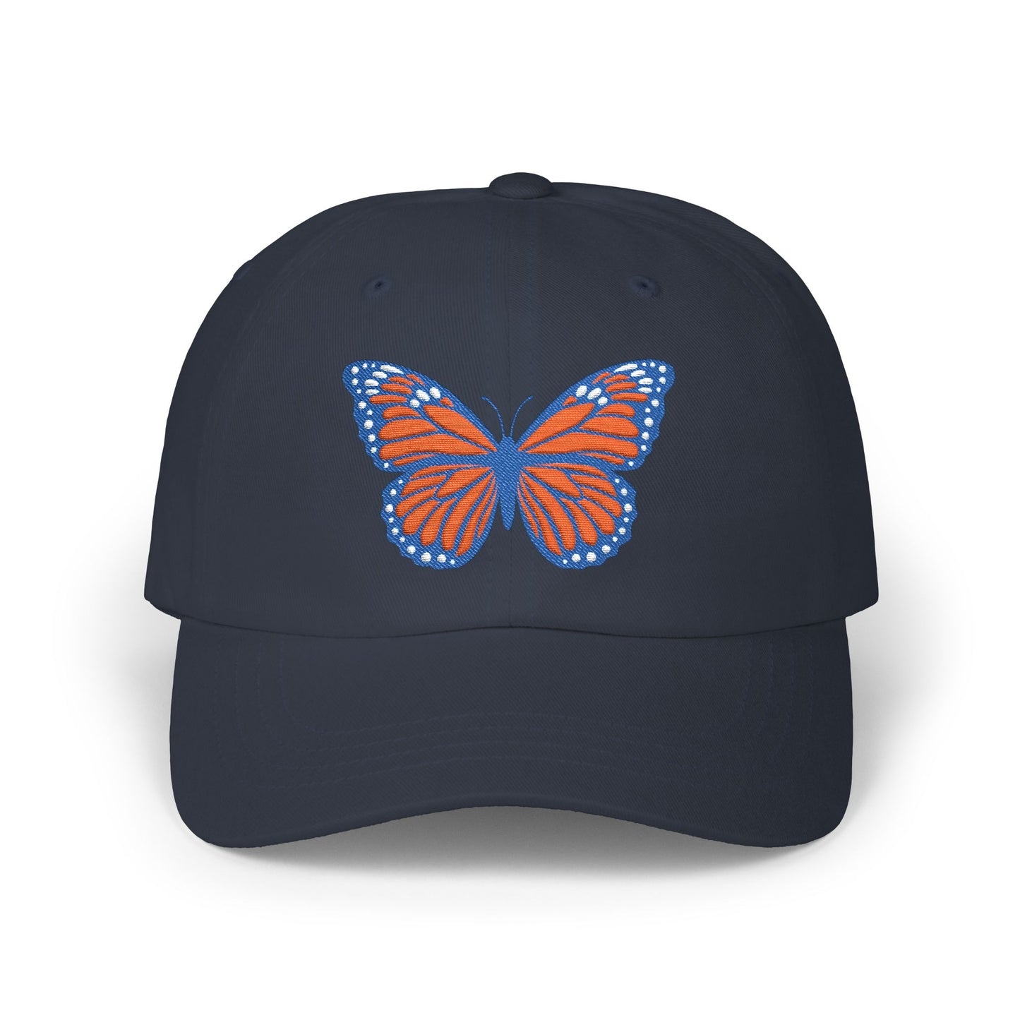 Butterfly Embroidered Dad Cap Preppy Orange & Blue Monarch Hat