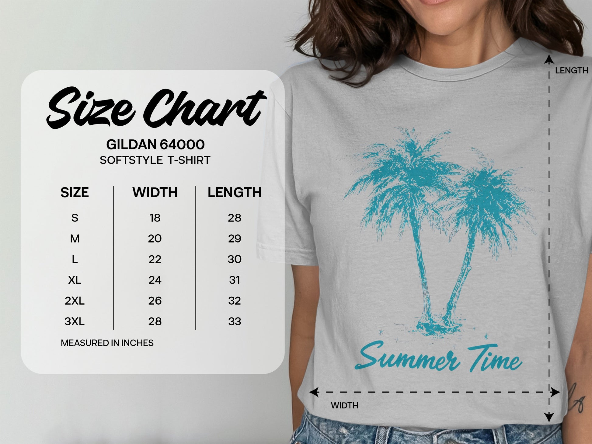 Gildan 64000 Softstyle T-Shirt size chart with palm tree graphic.