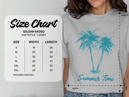 Gildan 64000 Softstyle T-Shirt size chart with palm tree graphic.