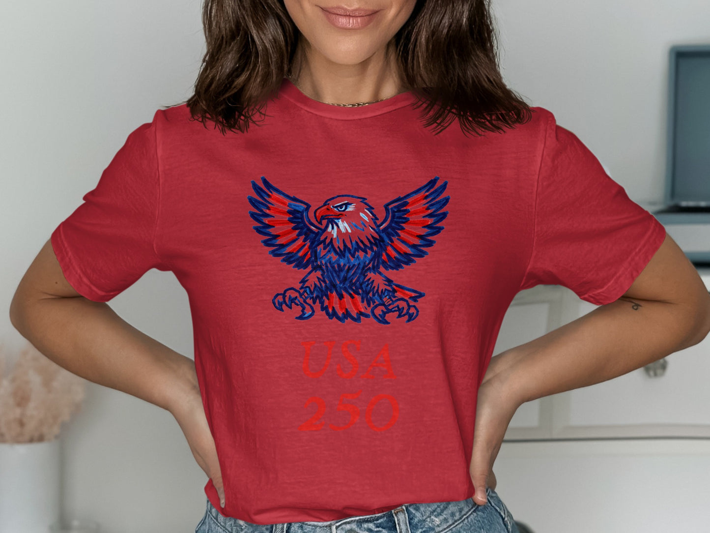 Red t-shirt with eagle graphic and "USA 250" text.