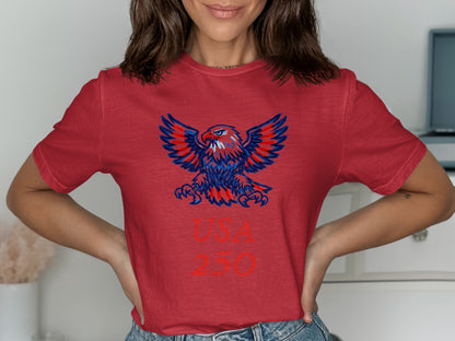 Red t-shirt with eagle graphic and "USA 250" text.