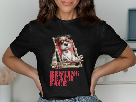 Black t-shirt with a dog in a beach chair wearing sunglasses and "RESTING BEACH FACE" text.