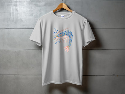 White t-shirt with a stylized blue and pink shrimp graphic.
