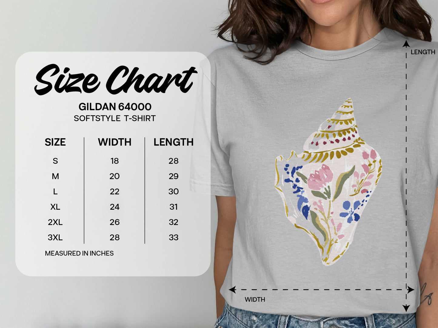 Gildan 64000 t-shirt size chart with width and length measurements in inches.