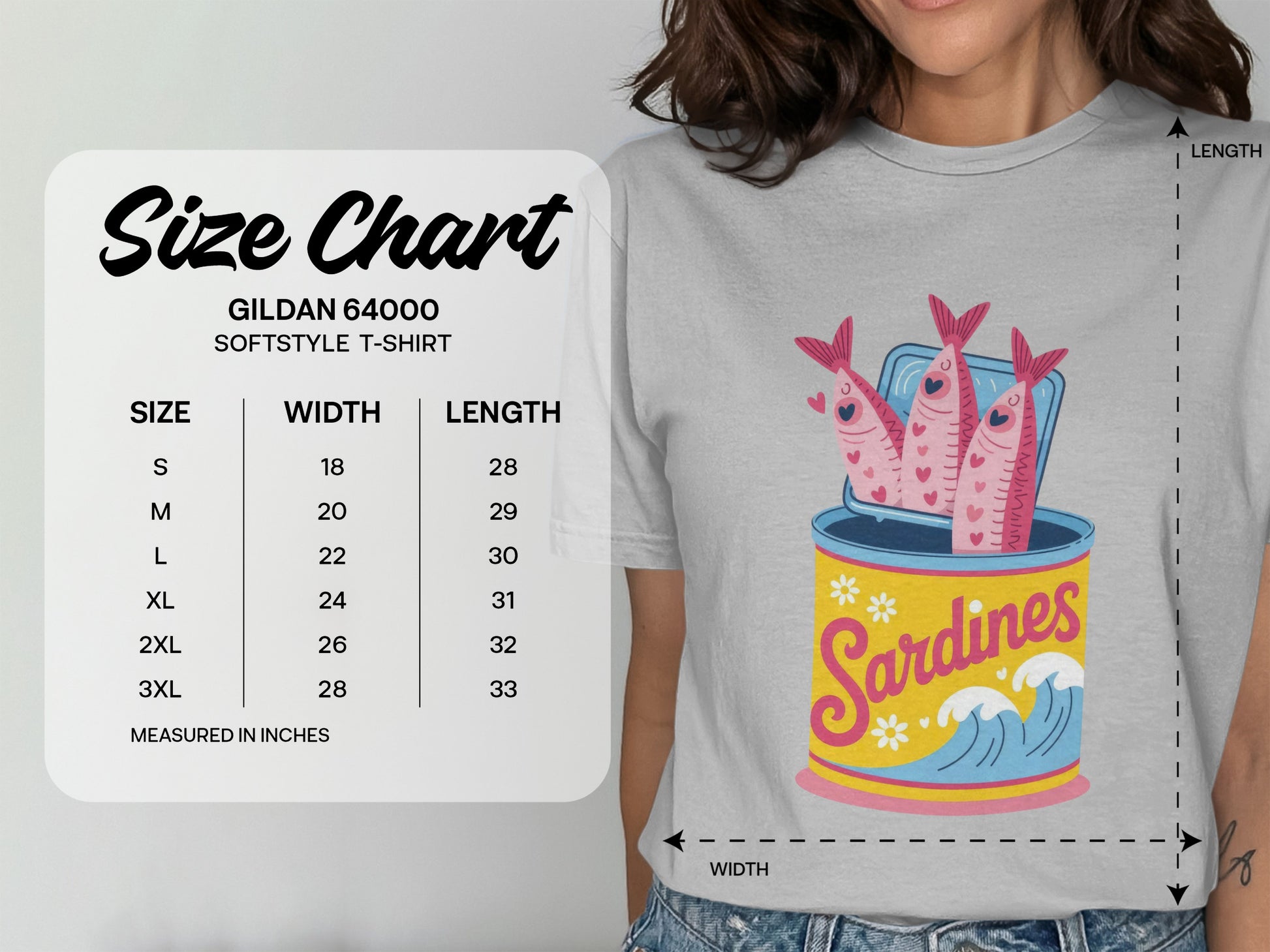 Gildan 64000 softstyle t-shirt size chart with dimensions in inches.