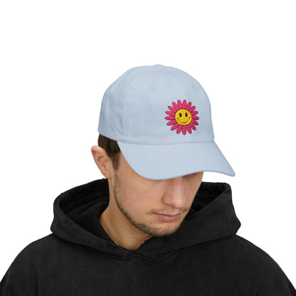Smiley Daisy Dad Cap Embroidered Pink Flower Hat