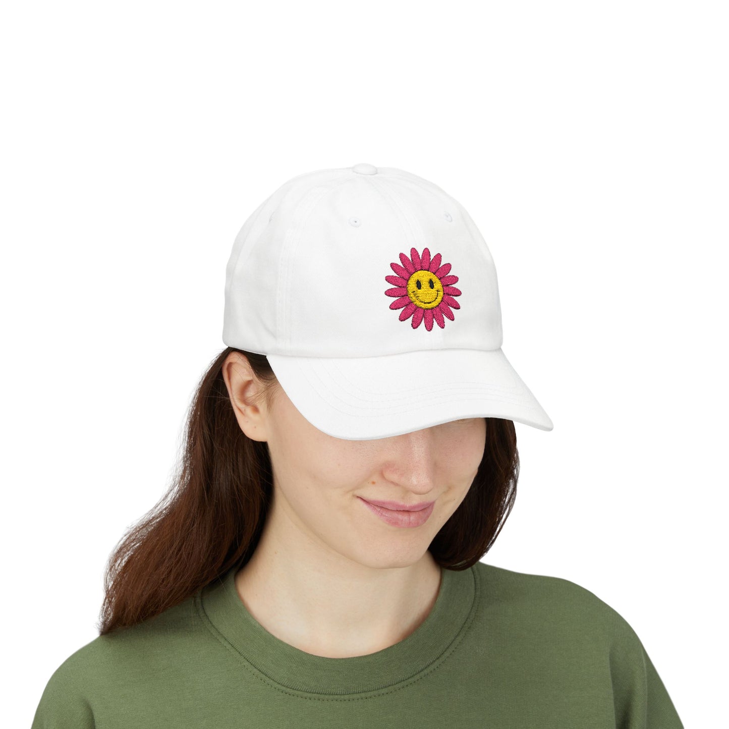 Smiley Daisy Dad Cap Embroidered Pink Flower Hat