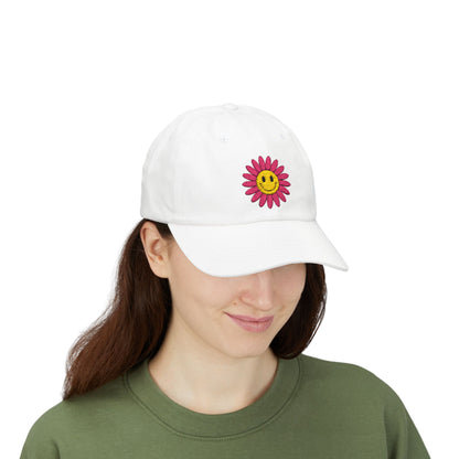 Smiley Daisy Dad Cap Embroidered Pink Flower Hat