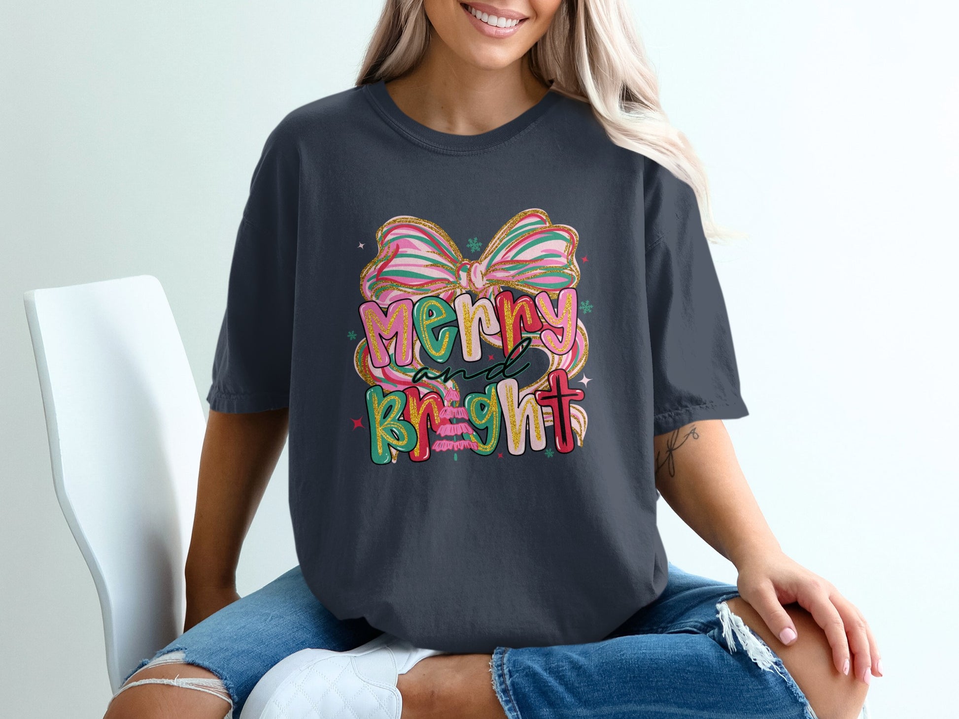 Merry and Bright Rainbow Bow Graphic T-shirt product