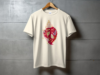Cream t-shirt with a red and gold watercolor seashell design.