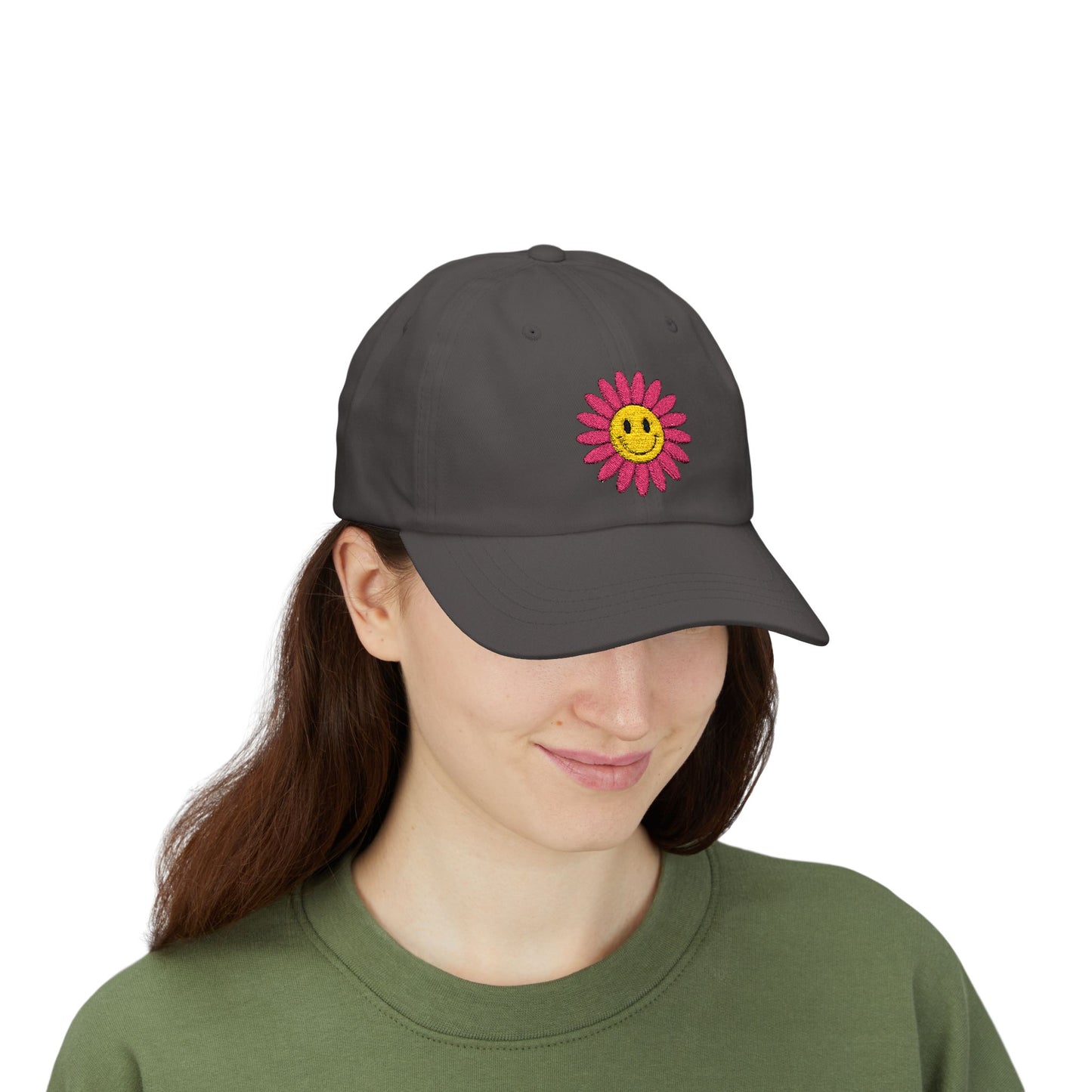 Smiley Daisy Dad Cap Embroidered Pink Flower Hat