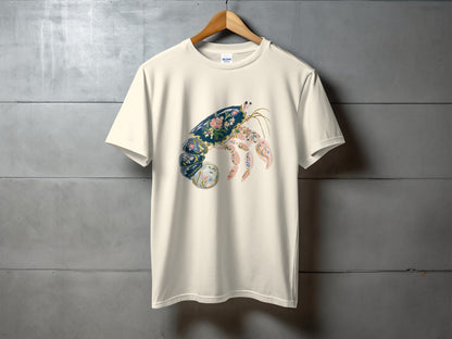 Cream t-shirt with a stylized floral crab graphic on the front.
