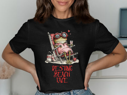 Frog in sunglasses and pink dress relaxing in beach chair with drink.
