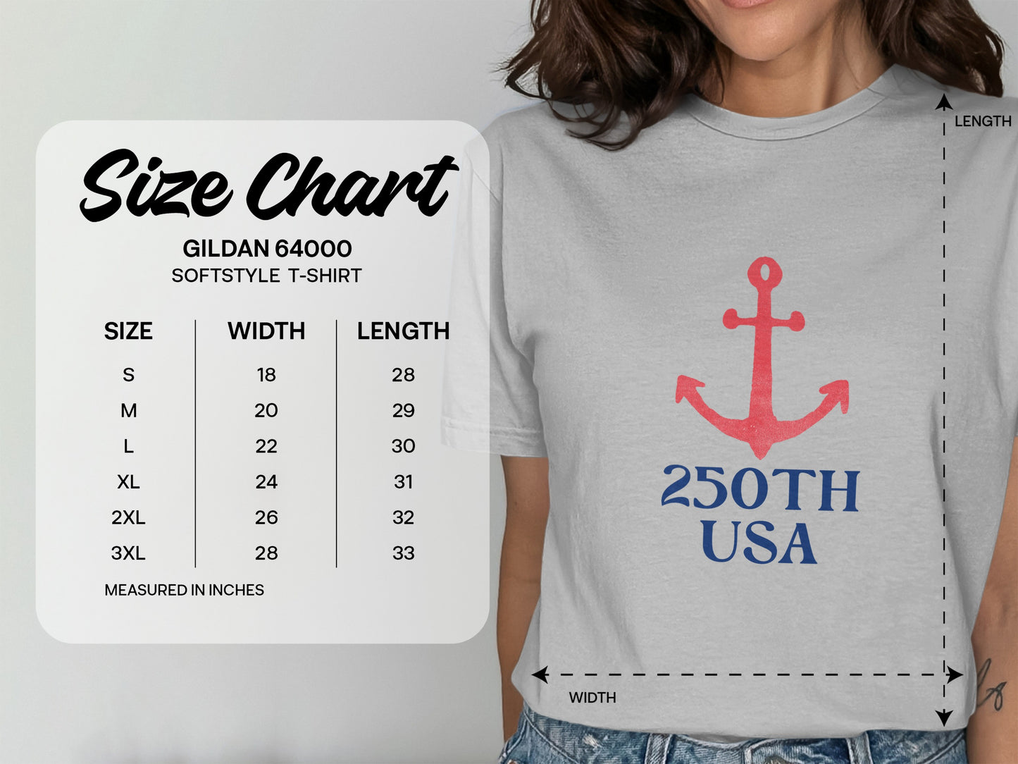 Gildan 64000 Softstyle T-shirt size chart with measurements and anchor logo.