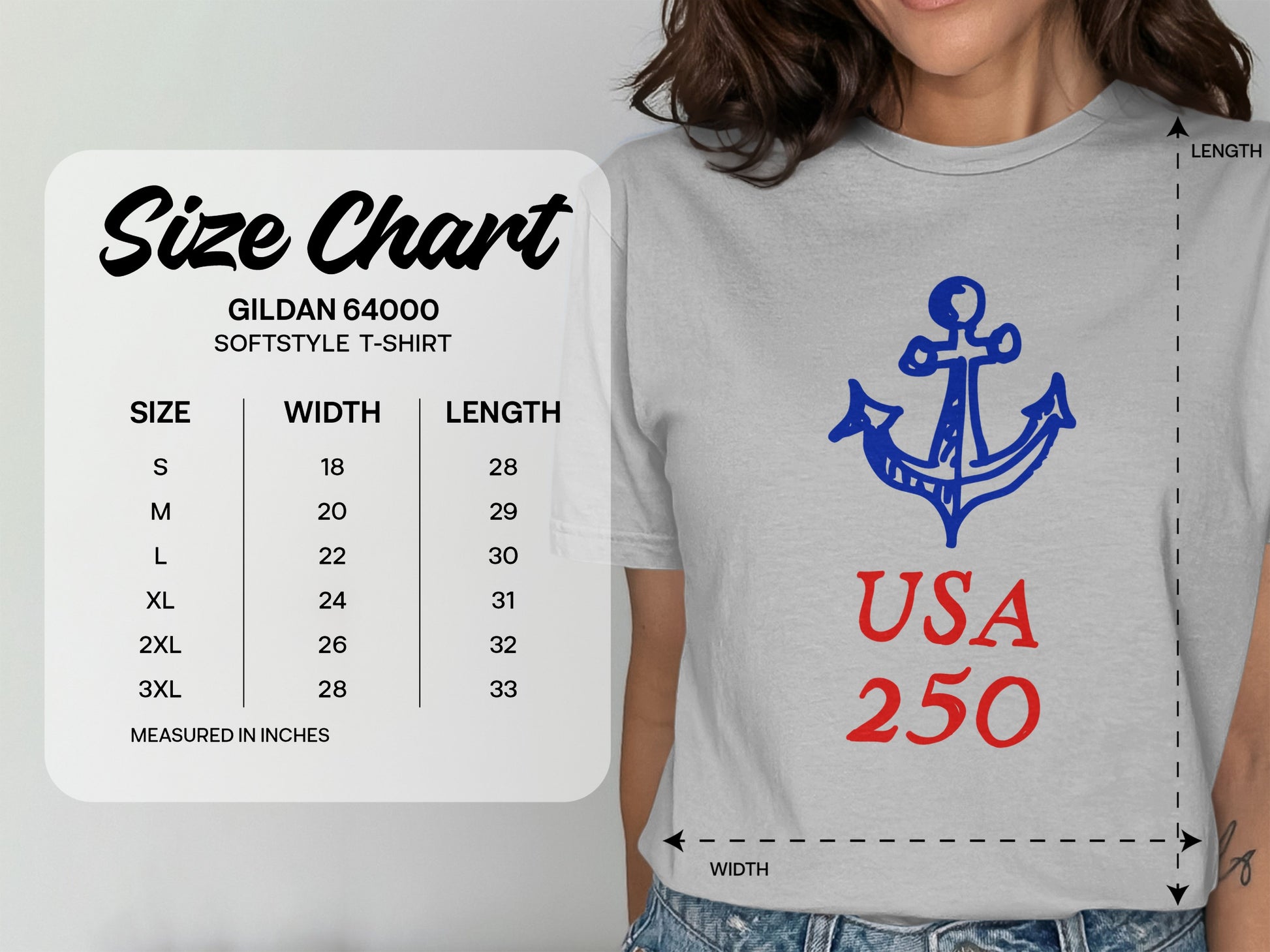 Gildan 64000 Softstyle T-Shirt size chart with measurements in inches.