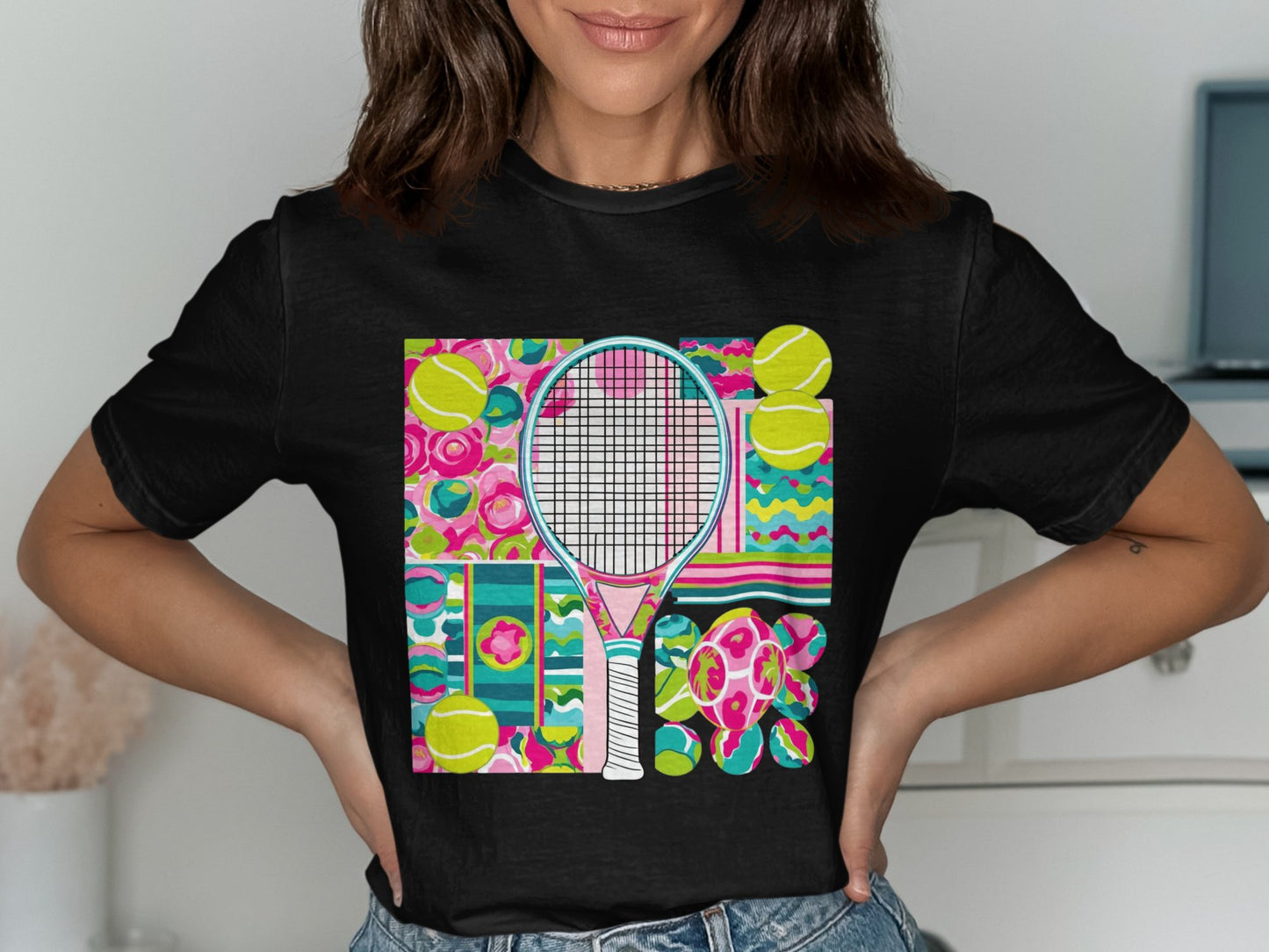 Colorful Tennis Racquet And Balls Graphic T-shirt product