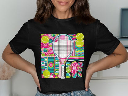 Colorful Tennis Racquet And Balls Graphic T-shirt product