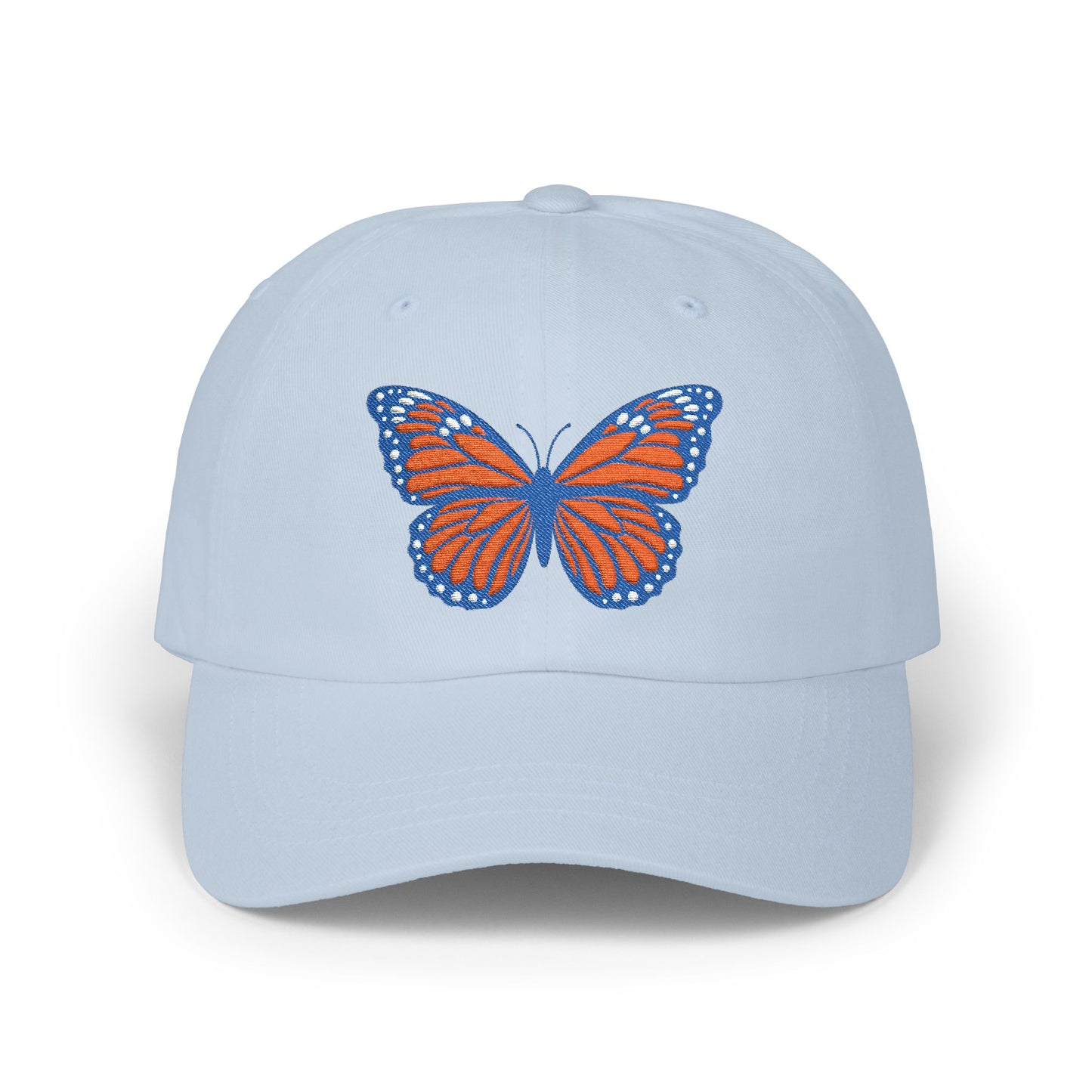 Butterfly Embroidered Dad Cap Preppy Orange & Blue Monarch Hat