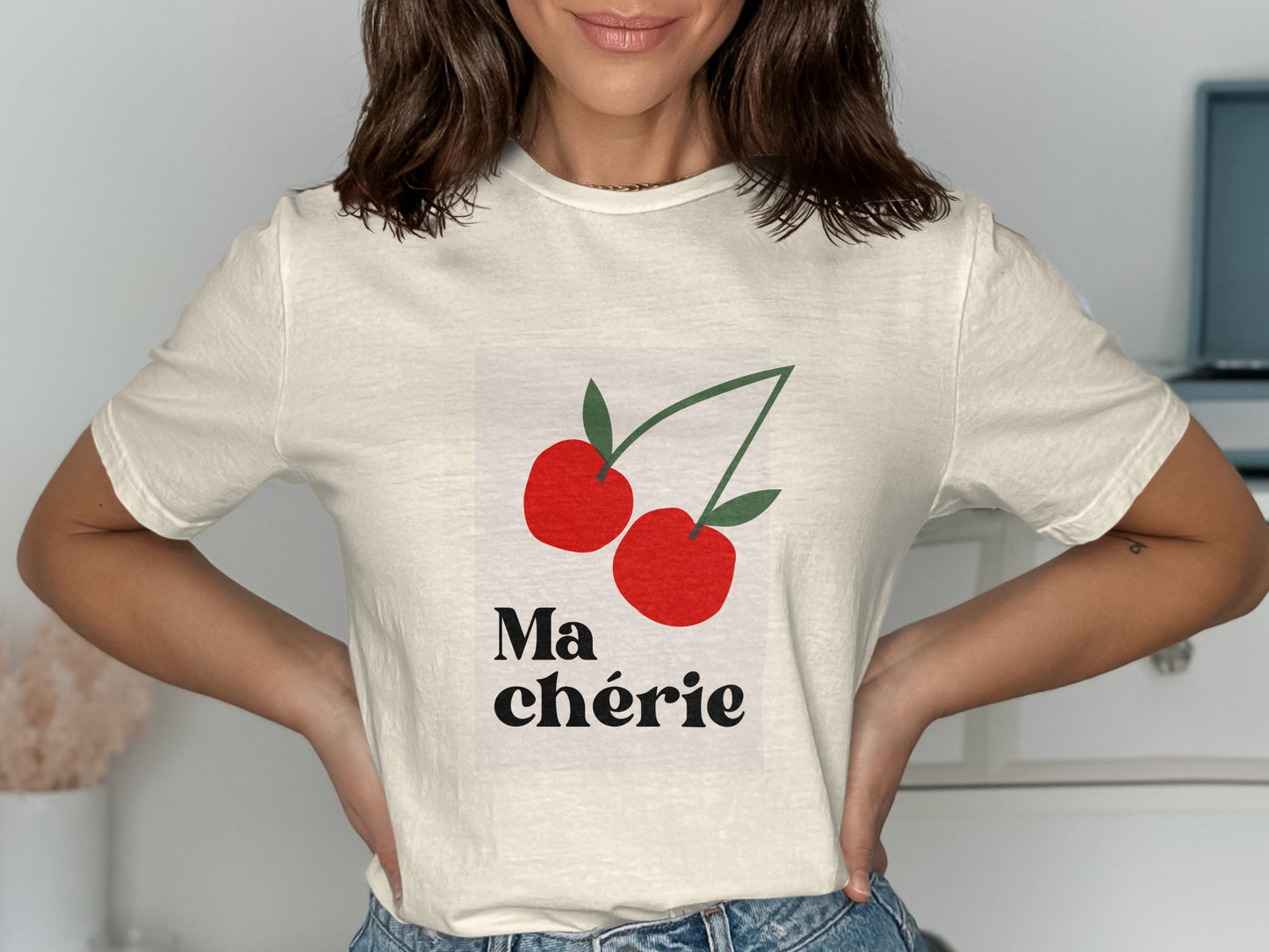 White t-shirt with red cherries and "Ma chérie" text.
