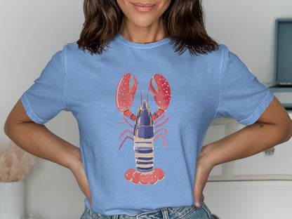 Light blue t-shirt with a stylized red lobster graphic.