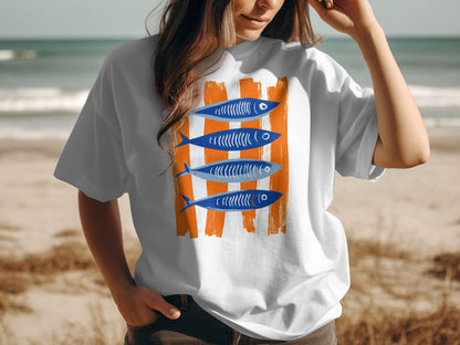 White t-shirt with four blue cartoon fish on orange stripes.