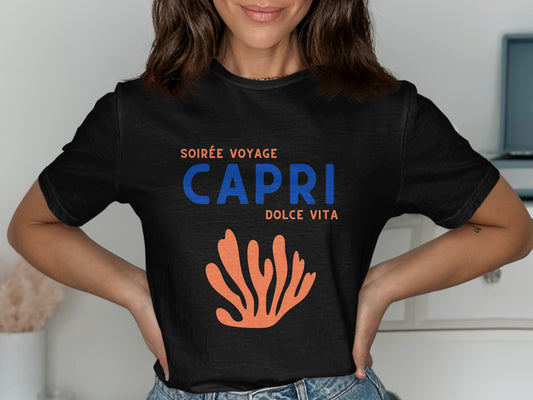 Black t-shirt with CAPRI DOLCE VITA text and coral graphic.