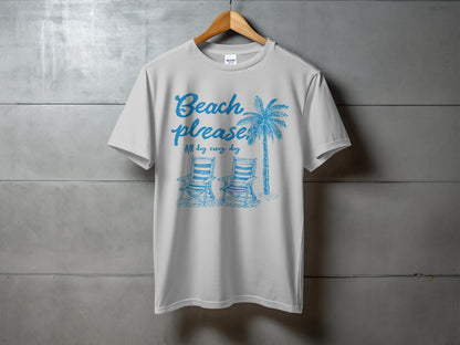 White t-shirt with "Beach please" and palm tree graphic.