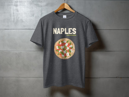Dark gray t-shirt with "NAPLES PIZZA AU SOLEIL" text and pizza graphic.