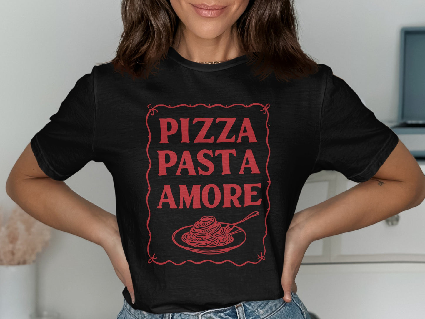Black t-shirt with red text "PIZZA PASTA AMORE" and pasta illustration.