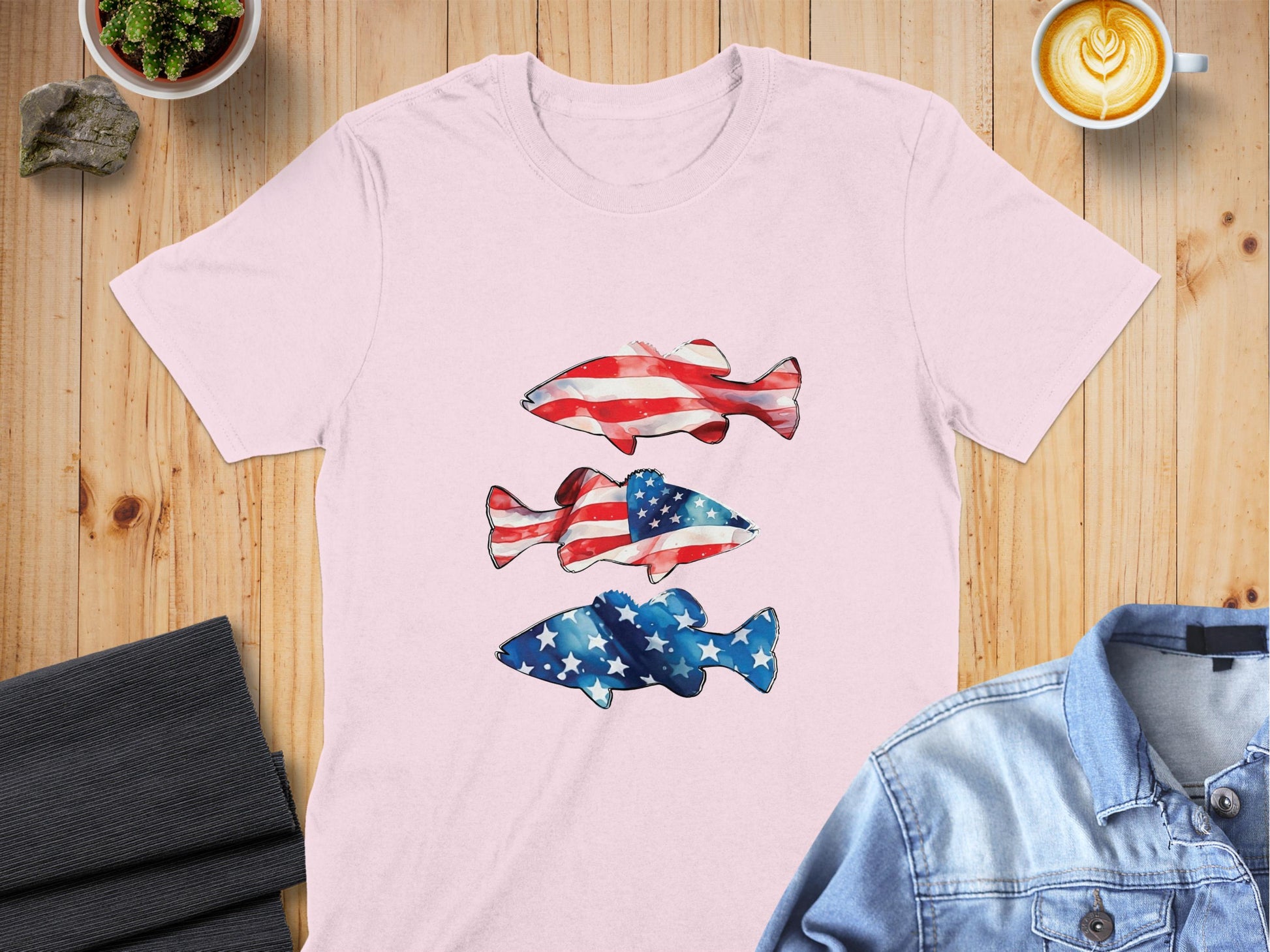 Patriotic Fish Graphic Pink Short Sleeve T-shirt product type