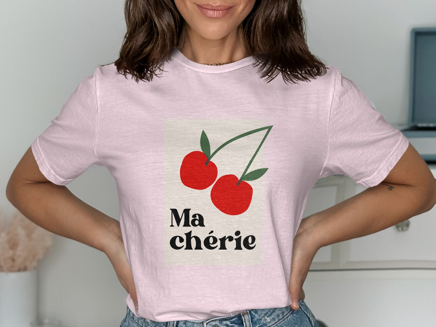 Pink t-shirt with two red cherries and "Ma Chérie" text.