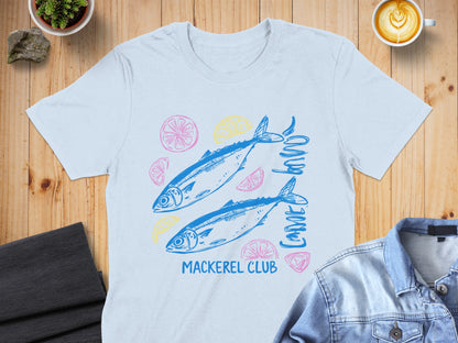 Blue t-shirt with two mackerel, lemons, and limes, and "Mackerel Club" text.